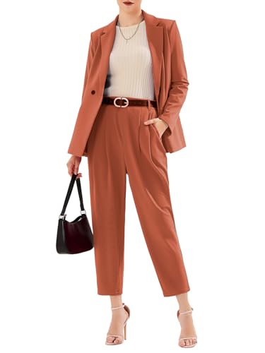 Image of EXLURA Women's Business Blazer and High Elastic Waist Pant Suit Set Loose Fit Casual Fall Winter 2 Piece Suits for Work