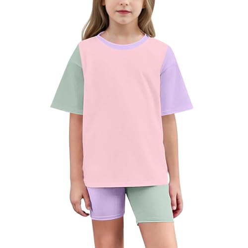 Girls Summer Outfits 2 Piece Colorblock Clothing Set Short Sleeve Tops and Biker Shorts Set Comfy Soft Tracksuits2