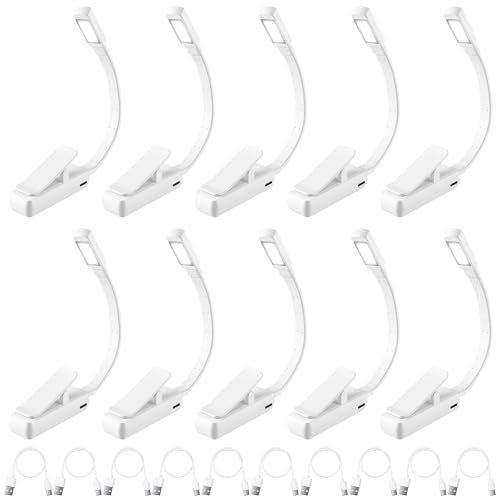 VZZNN 10 Pcs Clip On Reading Light, Rechargeable Book Light with 5 LED 3 Color Temperatures & Stepless Dimming, Portable Bed Lamp (White)