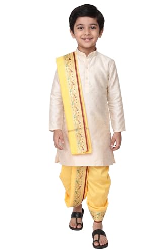 Image of Boys Dhoti Kurta Set Sherwani Style for Kids | Ethnic Traditional Kids Wear with Patiala Dhoti & Dupatta | Wedding Dress for Boys | Indian Cultural Outfit for Puja Festival Party