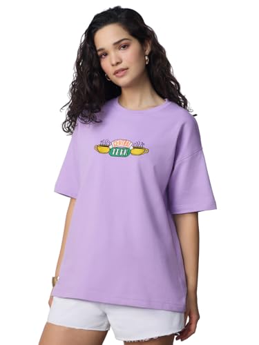 T-shirt Friends Coffee Shop en coton violet brodé col rond grande taille pour femme