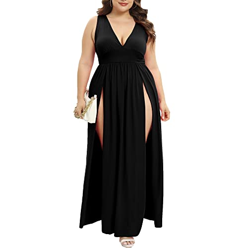 SILUI Women's Summer 2025 Sexy Double High Slit Deep V Neck Plus Size Sundresses Thigh Split Maxi Club Party Dresses2