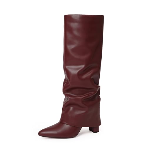 Image of Knee High Boots Women Fold Over Boots Chunky Heel Pointed Toe Tall Boots | Fashion Slouchy Boots,Side Zipper Shark Boots,Fall Spring Winter Fashion Dress Tall Boots,Evening Bridal office Long Boots