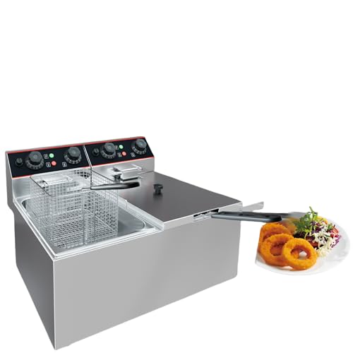 Commercial Deep Fryer, 12.6 QT Electric Deep Fryer with Double Basket and Lid, Stainless Steel Deep Fryer with Independent Temperature Control for Restaurant or Home Use, 1500W+1500W