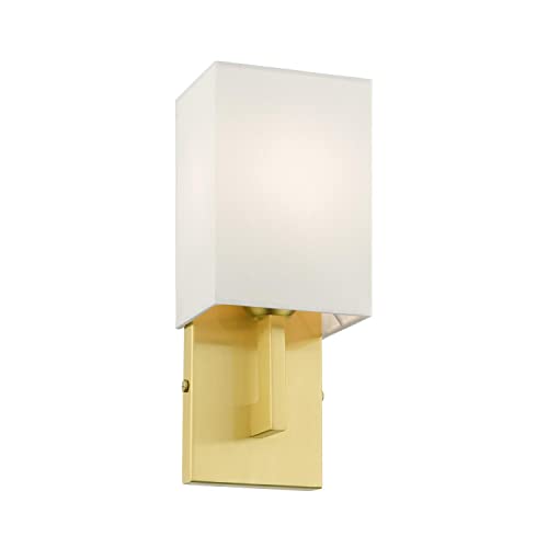 Image of Livex Lighting 51101-12 Meridian Collection ADA 1-Light Wall Sconce Light with Off-White Hardback Fabric Shade, Satin Brass
