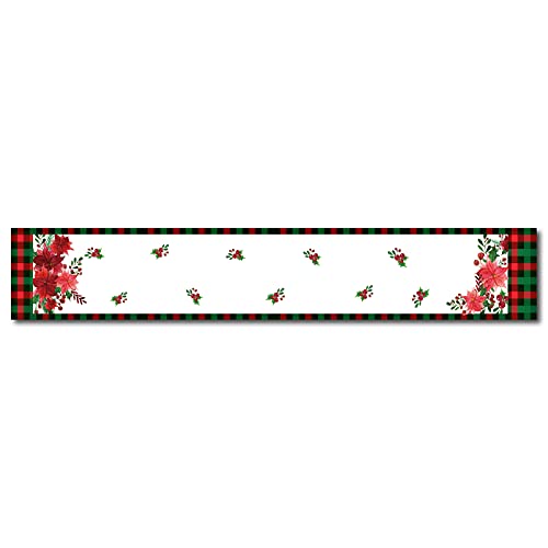 CREATCABIN Christmas Table Runner Poinsettia Red Green Black Check Plaid Washable Cotton Linen Dresser Decor for Xmas Family Dinner Party Wedding Table Runners Decoration 70.8 x 11.8inch