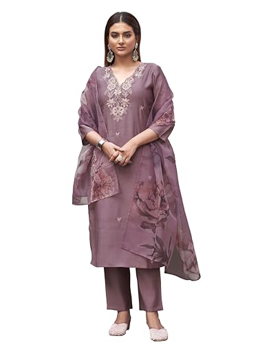 Womanista Women's Silk Blend Solid Straight Embroidered Kurta Set (Kurtaset_1394_Mauve