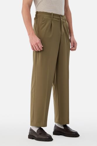 Image of SNITCH Men Trousers Formal Wear | Relaxed Fit Pleated Front Straight Leg Plain Design | Durable Polyester Blend for Office & Business Meetings