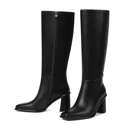 Women's Knee High Boots, Square Toe Chunky Heel Faux Leather Boot Fashion Wide Calf Tall Casual Fall Long Boots with Side Zipper2