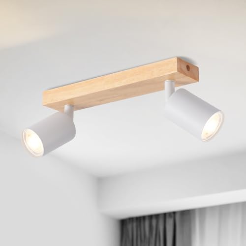 LVWIT Faretti LED da Soffitto Orientabili Bianco, Faretto da Interno con 2 LED in Alluminio GU10, Base di Legno, Faretti Soffitto Retrò per Barra, Salotto,Cameretta, Cucina (Lampadine Escluse)