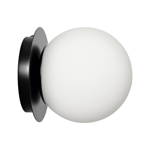 Modern Glass Globe Wall Sconce: Black Single Light with Milk Glass Shade - Minimalist Spherical...