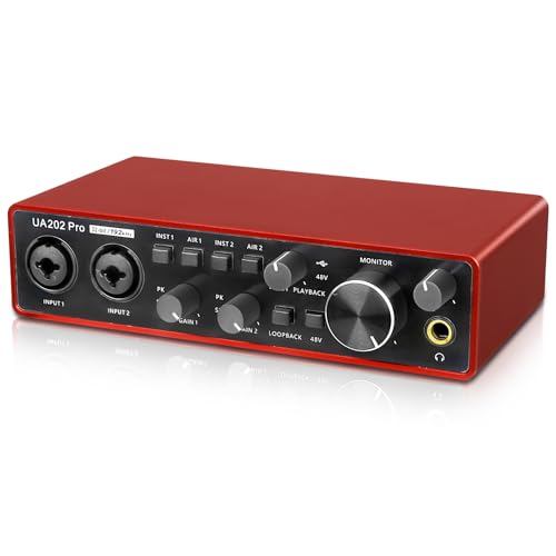 Jindaaudio USB Interfaz de Audio para Ordenador Grabación de Música (Rojo), 2 Canales de Guitarra Interfaz de Audio, 32Bit/192kHz Podcasting Streaming con 48V Phantom Power