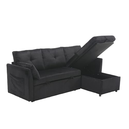 Sofá cama modular de 3 plazas con espacio de almacenamiento – Sofá de pana con función de dormir y tumbona extensible | Sofá cama en forma de L para sala de estar | Sofá cama con cajón oculto y
