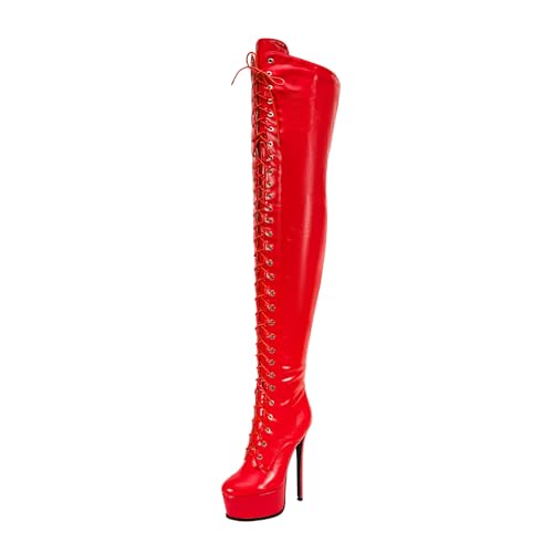 Image of Shiny leather Thigh high boots for Women Stiletto heel Platform Over the knee Round toe back zipper Sexy Front Strappy high heel Cosplay Custume unisex boots