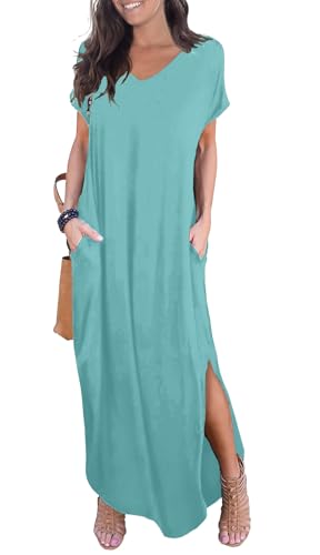 Image of GRECERELLE Women's Summer Maxi Dress Casual Loose V Neck Short Sleeve Side Split Long Dresses with Functional Pockets