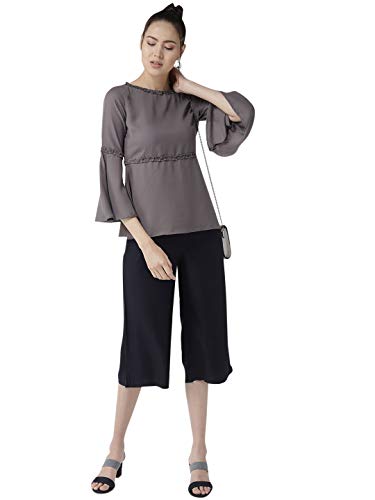 Image of Style Quotient Grey Polyester Solid Flared Sleeves Casual Tops