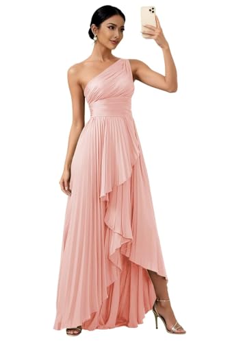 Uknztcl Satin High Low Bridesmaid Dresses with Pleated Long for Women Blush Pink One Shoulder A-Line Pleates Long Formal Wedding Guest Dress with Slit US6