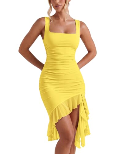 Image of Women's Sexy Midi Cocktail Homecoming Party Dress | Lined, Mesh, Ruffle Hem, Bodycon, Square Neck