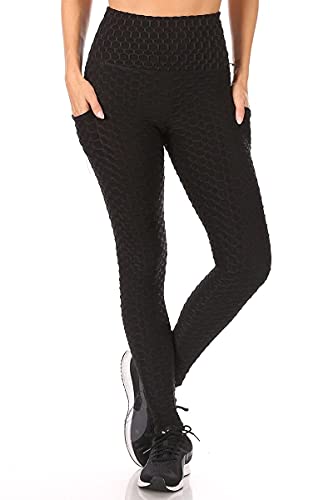 Shosho Womens Tiktok Legging Butt Scrunch Honeycomb Textured Booty Lift Yoga Pants With Pockets Solid Black Large #TOP1
