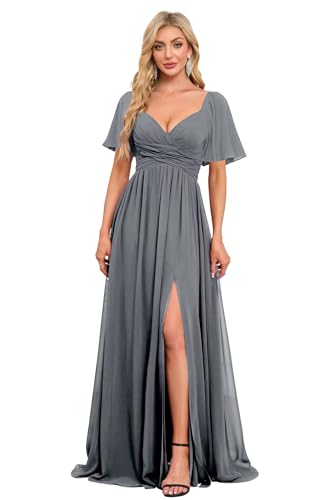 Image of Women's Flutter Sleeves Chiffon Bridesmaid Dresses with Slit Long A Line V-Neck Formal Party Dress with Pockets