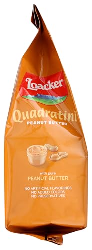 Image of Loacker Quadratini Peanut Butter bite-size Wafer Cookies - 30% Less Sugar - Premium Crispy Wafers with Peanut Butter cream filling - great for snacks & desserts- Non GMO - LARGE Snack Bag 250g /8.82oz
