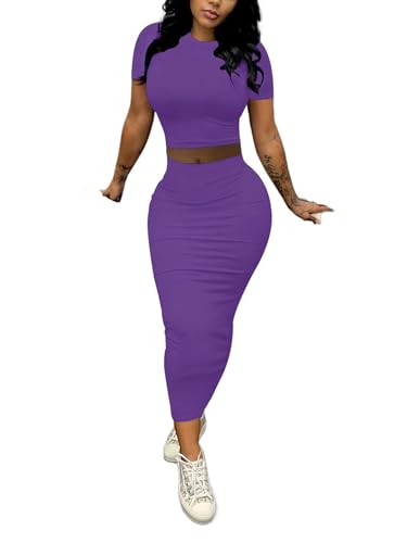 PINSV 2 Piece Outfits For Women Sexy Dress Short Sleeve Crewneck Crop Top Maxi Bodycon Dress Long Skirt Set Casual Dresses-Purple-M
