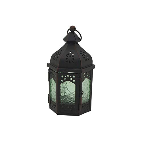 Rebecca Mobili Farol Estilo Marroquí, Portavelas Verde Negro, Vidrio Metal, Balcón Salón   Medidas: 17 x 9 x 8 (AxANxFON)   Art. RE6563