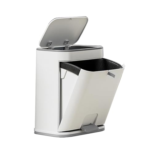 Image of Bathroom Trash Can with Lid, Plastic 3 Gallon Garbage can with Press top Lid, Gold Step Pedal Trash can, Narrow White Trash bin for Kitchen, Bathroom, Bedroom, Living Room, Office, Dog Proof Trash Can