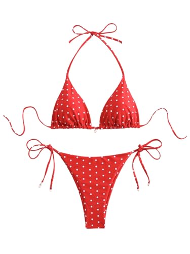 SOLY HUX Women's Polka Dots Print Bathing Suit Halter Triangle Tie Side Bikini Sets Two Piece Swimsuit