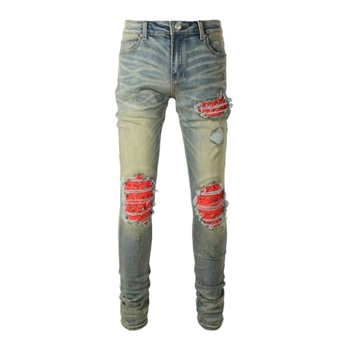 Jeans Pants Trouser Denim Men Stretch Slim Fit Trendy Street Washed Blue Worn Hole Grinding Fading Retro Piercing Casual Small Foot(Light Blue,29)