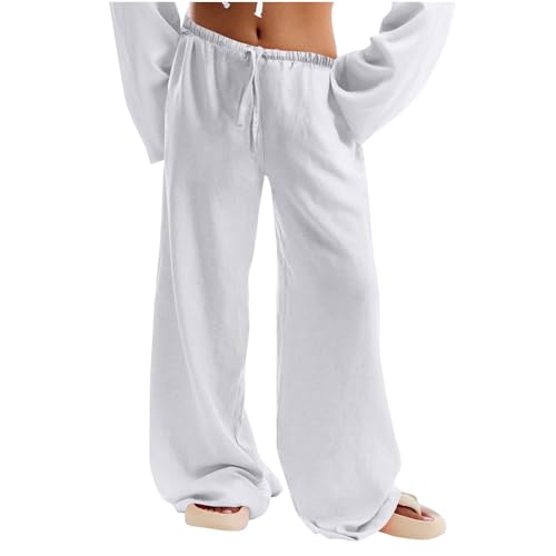 Hvyesh Low Rise Linen Pants for Women Flowy Wide Leg Summer Casual 2025 Y2k Streetwear Trendy Baggy Sweatpants Drawstring