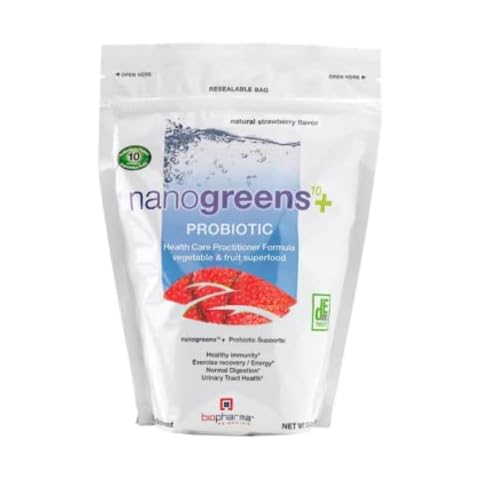 Biopharma Scientific Nanogreens+Probiotic: Greens Superfood Fruit & Vegetable Powder Smoothie Mix & 5 Billion Probiotics for Digestive Health with Spirulina, Chlorella, Strawberry Flavor, 30 Servings Cover