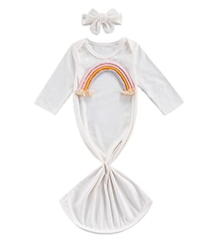 Image of Qiylii Newborn Baby Girl Isn't She Lovely Floral Nightgowns Headband Sleepwear Sleeping Bag (Rainbow White, 0-3 Months)