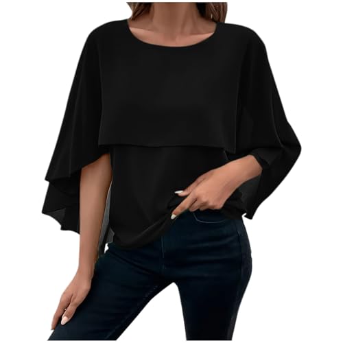 HGps8w Cape Shawls Top for Women Summer Lightweight Flowy Shirts Double-Layered Dressy Chiffon Poncho Blouse