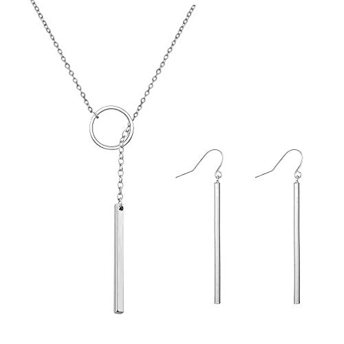 2Pcs Y Pendant Necklace Bar Earring Set Lariat Necklace Long Stick Drop Dangle Earring For Women (Silver circle set)