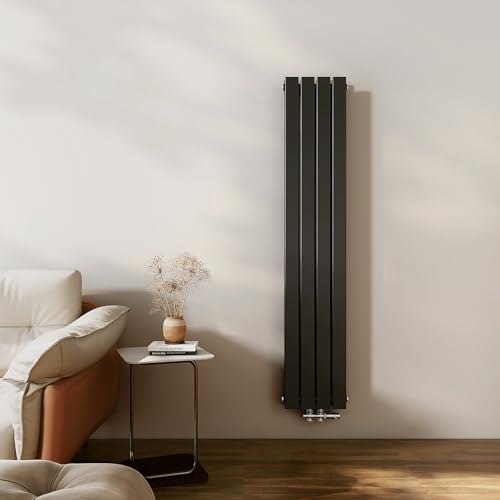 EMKE Radiador pequeño de 1600 x 300 mm, radiador vertical, baño, estrecho, alto, radiador plano, conexión central, panel calefactor de diseño, radiador de pared de doble capa, negro, 889 vatios
