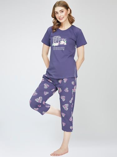Image of ZEYO Night Suit for Women's Heart Printed Cotton Night Dress of Top and Capri Set 5747