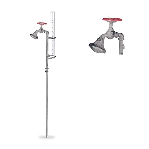 Relaxdays Rain Gauge Water Tap, Stake, Rustic, Rainfall Measurer, 17 cm, 7”, Glass, Metal, Grey, Gray