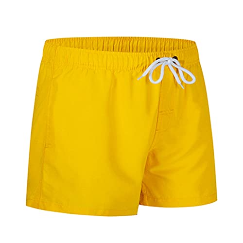 Mens Elastic Waist Swim Trunks Solid Volley Swimwear Bathing Suit Boardshort Drawstring Athletic Beach Shorts (Yellow,Medium)
