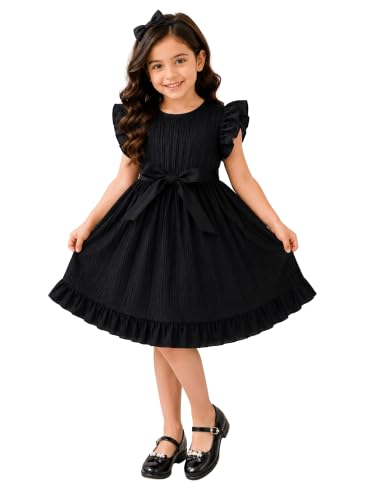 Image of Girls Dress Flutter Sleeve Round Neck Crinkle Pleated Fit & Flare Frock Satin Waist Bow Ruffle Hem Knee Length Birthday Party (2-14Y)