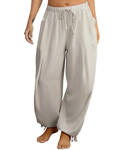 Image of Women's Linen Balloon Barrel Beach Pants Boho Harem Flowy Drawstring Casual Loose Pants with Pockets