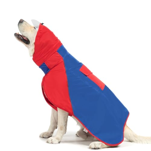 BINGPET Dog Raincoat - Adjustable, Waterproof & Snowproof Rain Jacket for Medium & Large Dogs (Red-Blue, XL)