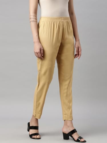 Image of MINELLI Women Solid Cigar Pants, Cotton Lycra Slub Fabric, Elasticated Waistband, Pull On Style, Regular Fit Bottom Wear for Western and Ethnic Wear