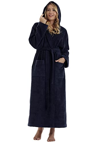 Arus Women's Pacific Hooded Turkish Cotton Bath Robe with Full Length options Navy Marine X-Large