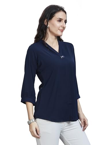 Image of nioni Women's Purple Poly Linen Blend Tunic Top with 3 /4 Sleeves, Printed Yoke, Kantha Stitch Detailing & Mandarin Collar