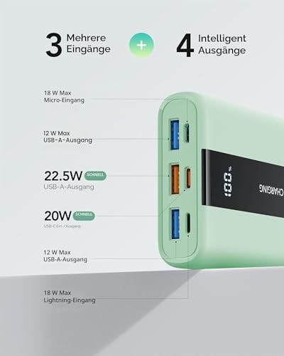 VRURC Power Bank, Powerbank 20000mAh Klein & Tragbar, 22,5W Schnellladen – Ansicht 2