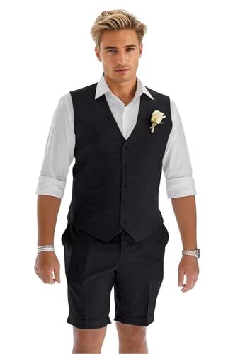 Men's Linen Suit 2 Piece Slim Fit Shorts Suits for Men Casual Summer Beach Wedding Vest Shorts Set
