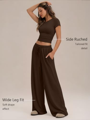 Image of Trendy Queen 2 Piece Matching Summer Lounge Set Womens Side Ruching Top Wide Leg Pants Sets with Pockets