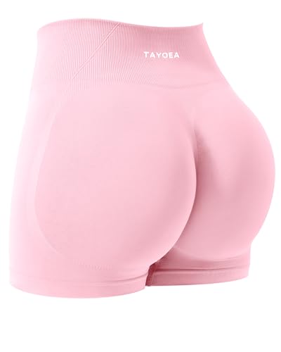TAYOEA Womens High Waisted Workout Shorts with Tummy Control & Butt Scrunch for Gym Seamless Yoga Shorts Athletic Running Sports Compression Spandex Biker Shorts Pink S