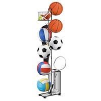 smusei Ballständer Metall, 7 Stufige Ball Aufbewahrungsregal Vertical Ball Rack Halter mit 2 Körben & Haken, Zimmer Outdoor Sportgeräte Organizer für Basketball, Fußball, Volleyball usw